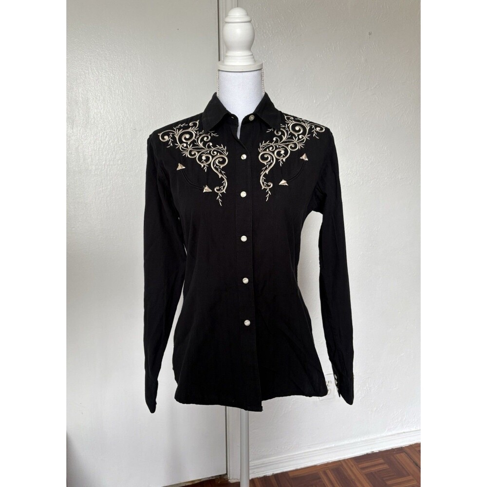 Panhandle Slim Retro Western Wear Black Embroidered Button Up Collared Shirt